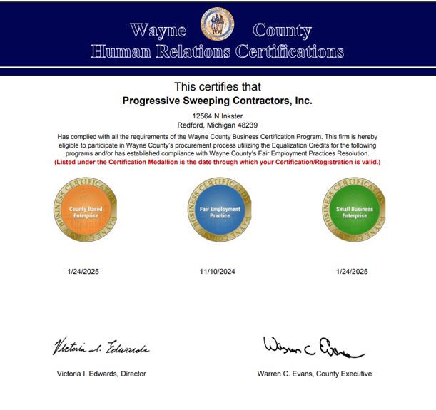 Progressive Sweeping – Receives Wayne County Human Relations Certifications