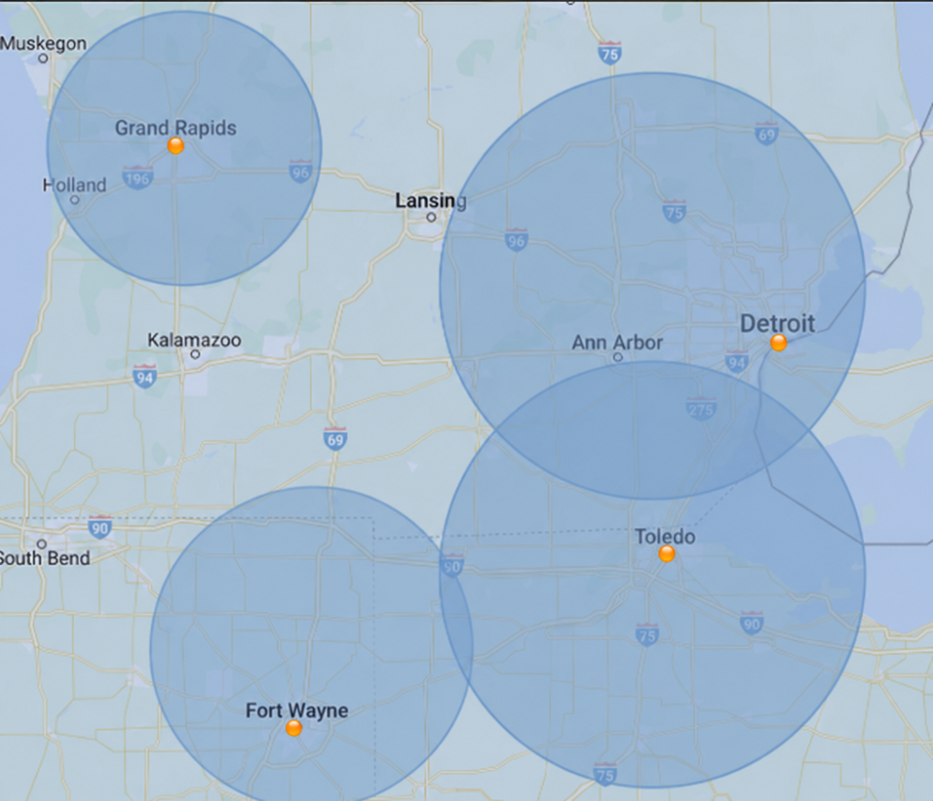 Map showing ProSweep street sweeping service areas around Grand Rapids, Detroit, Toledo and Fort Wayne