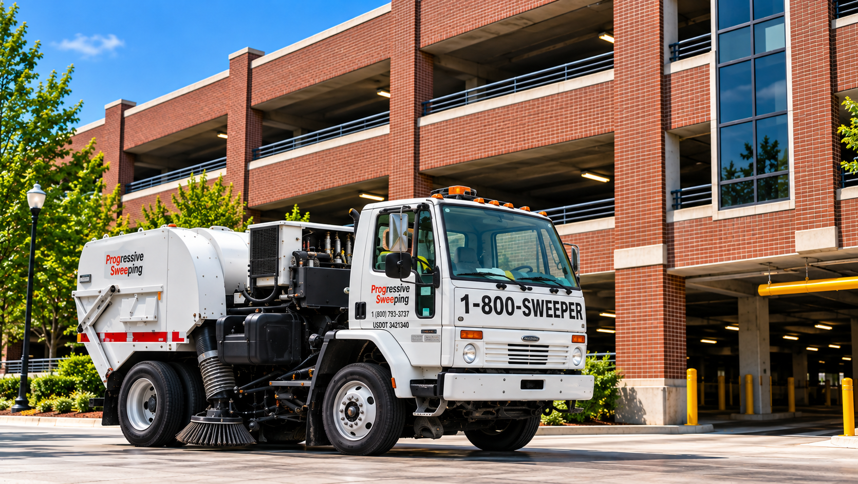 Commercial sweeping or scrubbing equipment used to clean parking garage surfaces
